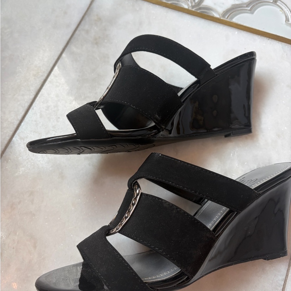Impo Black Strappy Wedge Sandals with Silver Buckle Accents - Picture 2 of 3